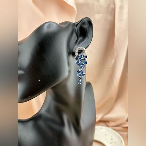 Elegant Silver and Blue Crystal Dangle Earrings - Picture 5 of 5